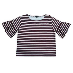 J.Crew Striped Ruffle Sleeve Relaxed Fit Top Women XS Burgundy White Cotton.